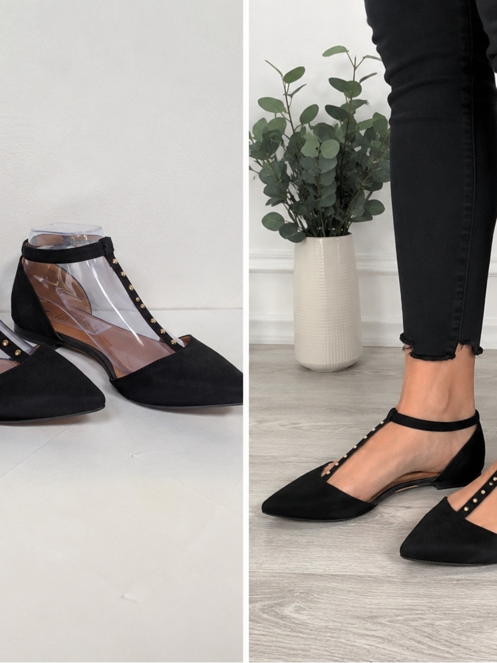 Calvin Klein Black Pointed T-Strap Flats with Gold Stud Detailing